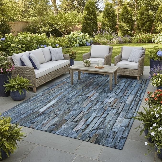 Vintage Rock Wall Stone Pattern Outdoor Area Rug 5x8 Gray Brown Stone Texture Waterproof Outdoor Rugs for Patio Courtyard Balcony Deck Garden Outside Carpet Thin Washable Stain Resistant Floor Mat