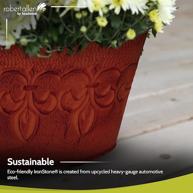 Headwind Ironlite Fleur De Lis Collection – 8" Cayenne Red Bowl Decorative Planter with Drain Plug – Lightweight Metal Garden Pots for Indoor & Outdoor Planters Use by Robert Allen