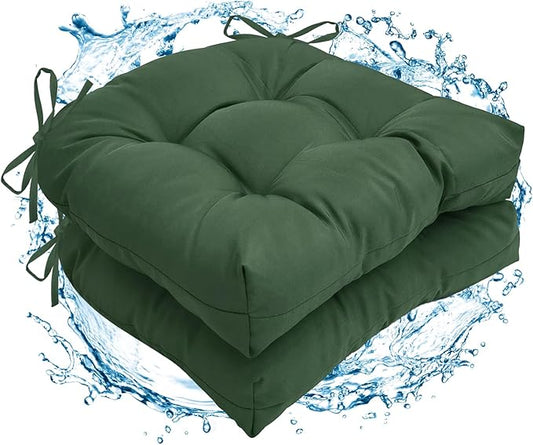 2 Pack Waterproof Outdoor Chair Cushions, Thick Tufted U-Shaped Seat Cushions with Adjustable Ties for Garden Chairs, Patio Furniture, 19x19x4.5 Inches