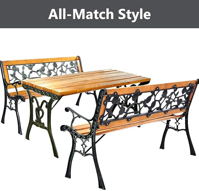 S AFSTAR Outdoor Garden Bench, Outdoor Porch Bench with Rose Cast Backrest & Stable Metal Legs, Weatherproof 2-3 Person Park Bench for Outside Patio Garden Backyard Poolside