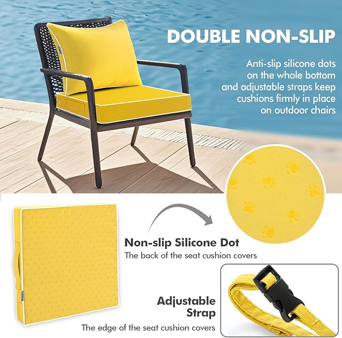 MIULEE Yellow Outdoor Seat Cushion 22x24 Inch Waterproof & 3 Year Fade Resistant Deep Seat and Back Cushion for Patio Furniture Chair Sofa Couch with Handle and Adjustable Straps