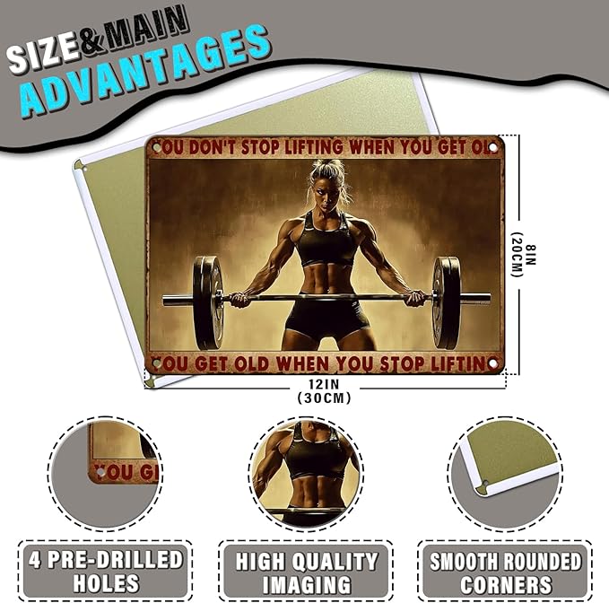 PEACHGARDEN Fitness Vintage Metal Tin Sign You Don't Stop Lifting When You Get Old Motivational Gym Wall Art for Home Weight Lifting Decor & Funny Workout Poster for Gym Cafe Bar 8x12inch