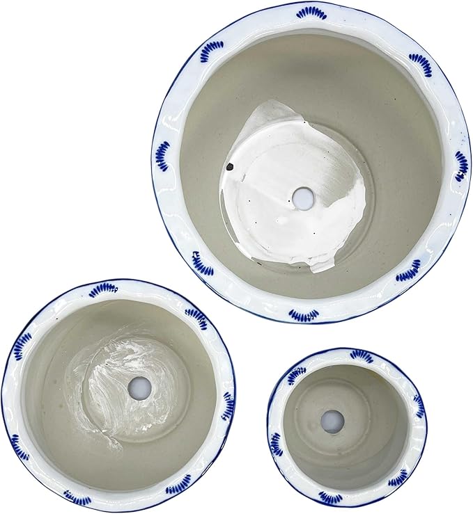 Galt International Blue & White Floral Porcelain Ceramic Decorative Flower Pot 8"/6"/4.5" Garden Pots Chinese Asian Design - Set of 3 Round Pots