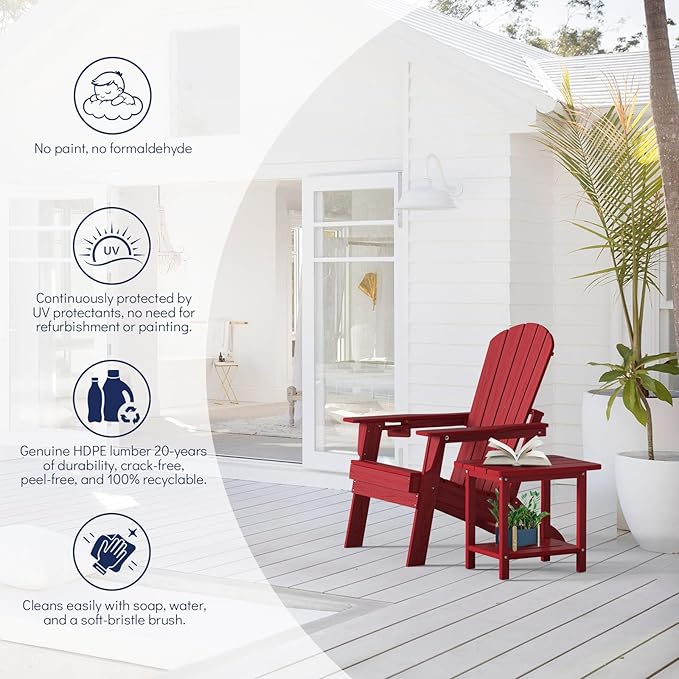 Plawdlik Folding Adirondack Chair Set of 6 with Cup Holder，Wooden Textured ，Heavy All-Weather HDPE Comfortable Set Poolside Backyard Lawn, Red