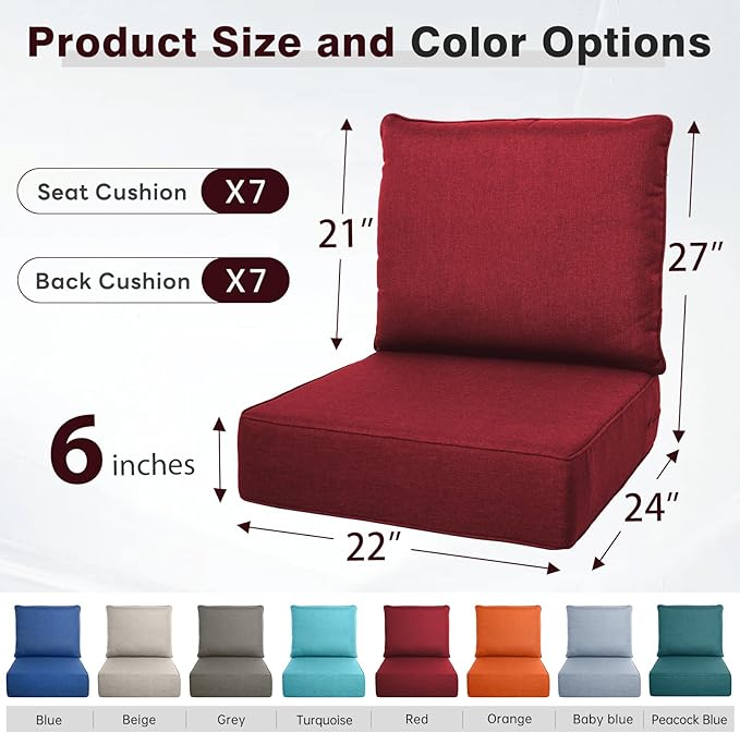 Belord Luxury 6" Thick Outdoor Cushion 7 Set - 22 x24 Inch 28D Sponge Filling Fade-Resistant Chair Cushion, Spill Proof Removable Patio Furniture Replacement Cushion for Sofa Bench Swing - Red