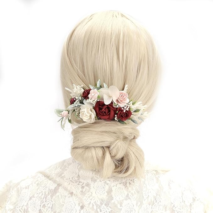 Burgundy Floral Hair Comb with Baby's Breath Dried Flower Bridesmaids Hair Clips Garden Wedding Hair piece Photo Prop