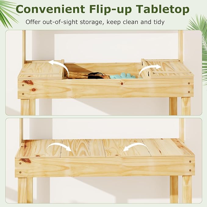 Giantex Potting Bench, Outside Solid Wood Potting Table with Flip-up Tabletop, Shelves, Indoor Outdoor Wooden Workbench for Patio Porch Balcony, Potted Plant Display Rack, 42"x18"x60", Natural