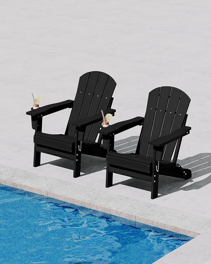 Folding Adirondack Chair Set of 4, All-Weather HDPE Outdoor Chair, Wooden Textured with Cup Holder for patios, Decks, Gardens, fire pits, Black
