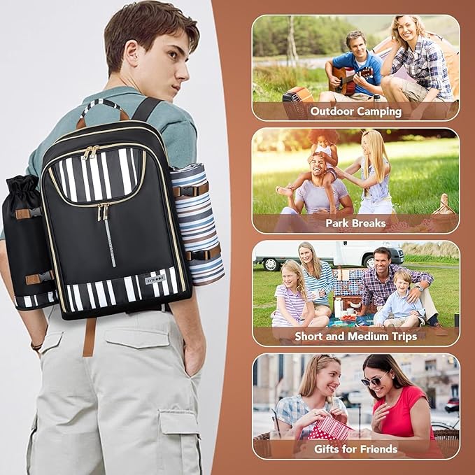 Trolley Picnic Backpack for 4 Person - Blanket & Tableware Set, Detachable Wine Pouch - Ideal for Beach, BBQ, Camping, Trip, Park, Gifts for Friends, Adventures, Patio, Lawn, Garden