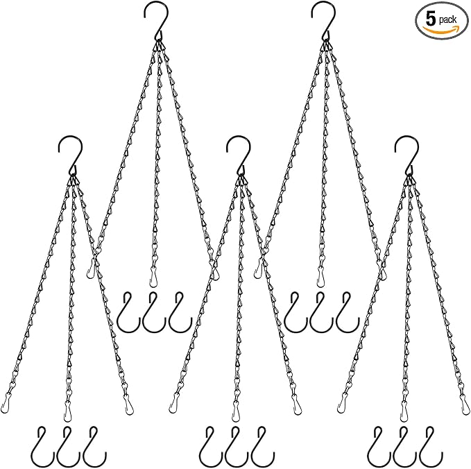 Hanging Basket Chain, 20 Inch Black 3 Point Plant Chains with Hooks for Hanging Baskets Planter Pots Perfect for Indoor Outdoor Decor (5 PCS)