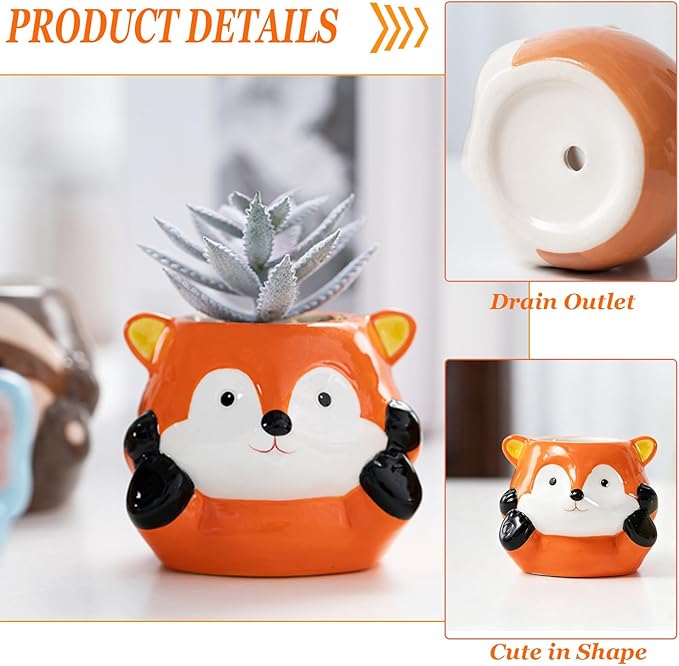 Ceramics Animals Succulent Planters Small Succulent Pots Cute Plant Pots Tabletop Decorations for Indoor Plants Home Office Garden Flower Pot Gifts for Plants Lover (Fox)