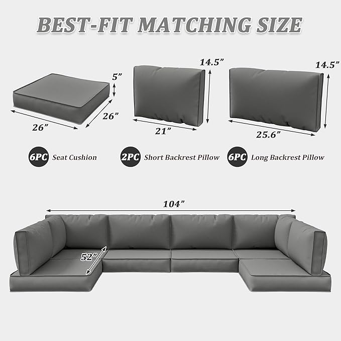 14-Piece Outdoor Cushions for Patio Furniture Thick Outdoor Chair Cushions 5" Foam High-Density Water-Resistant Deep Seat Cushion for 6-Seat Sectional Sets Liner&Cover Light Grey