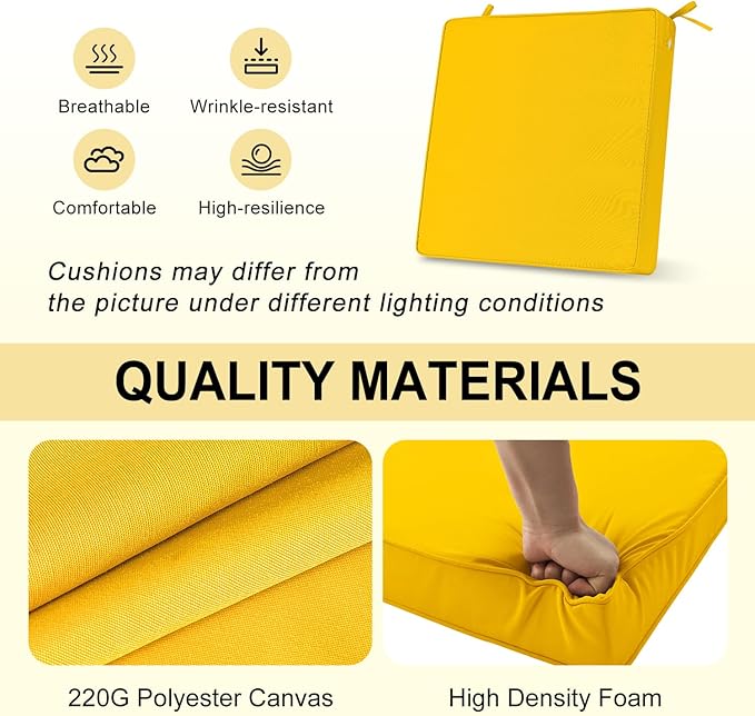 downluxe Waterproof Outdoor Chair Cushions for Patio Furniture, 19" x 19" x 2" Patio Chair Cushion with Adjustable Ties & Portable Handle, Square Outdoor Cushion with Removable Cover, Yellow, 2 Pack