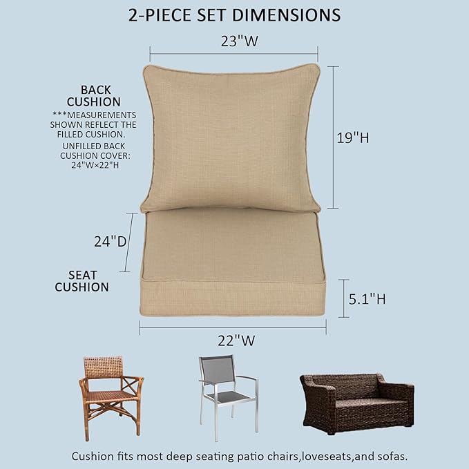 22x24 inch Outdoor Deep Seat Patio Cushions Set of 2,Water-Resistant Deep Seat Bottom Resilient Foam Filling with YKK Hidden Zipper for Patio Furniture,Toffee