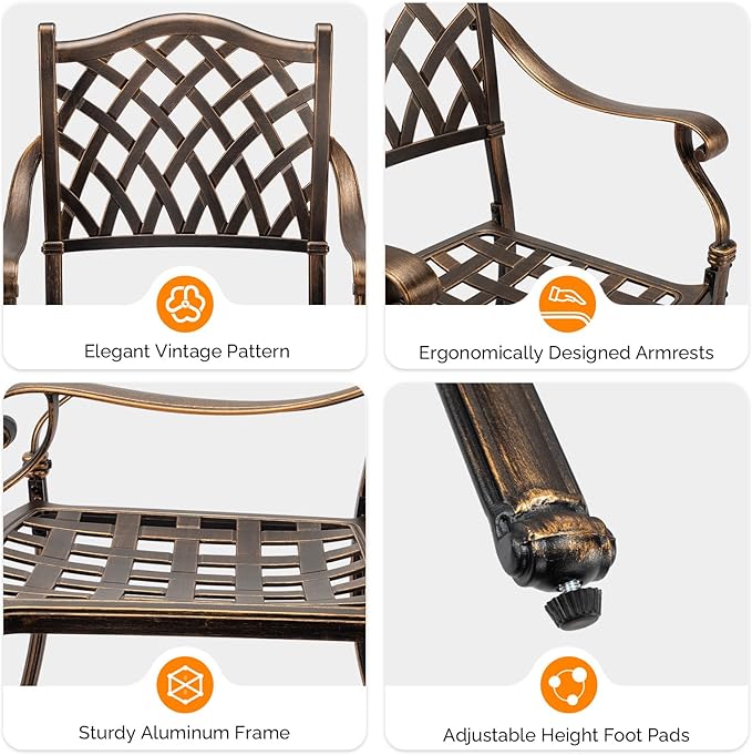 VINGLI Patio Chairs Set of 4- Stackable Outdoor Cast Aluminum Dining Chairs with Vintage Bronze Finish and Diamond Pattern, Metal Armchairs for Poolside, Backyard, Balcony (with Cushion)