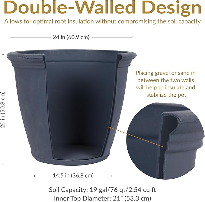 Sunnydaze 24-Inch Anjelica Large Plastic Pot for Plants - Outdoor Double-Walled Large Plastic Planter with Drillable Drainage Holes - Slate