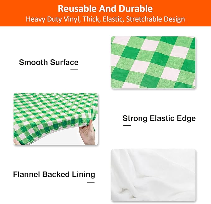 KENOBEE 6ft Picnic Table and Bench Cover, Camping Essentials RV Gear, 72in Waterproof Windproof Outdoor Elastic All Around Tablecloth, Fitted Rectangle Tables and Seats, Green-White Checkered