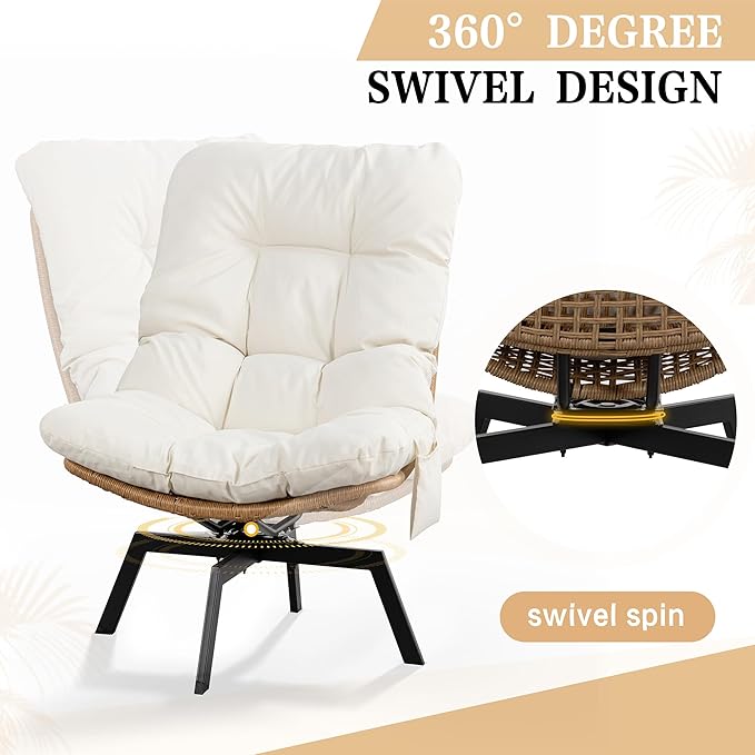Vongrasig Swivel Wicker Chair PE Rattan Chair with Cushion, Oversized Patio Lounge Chair for Outdoor, Indoor, Balcony, Backyard, Garden, Living Room, Beige
