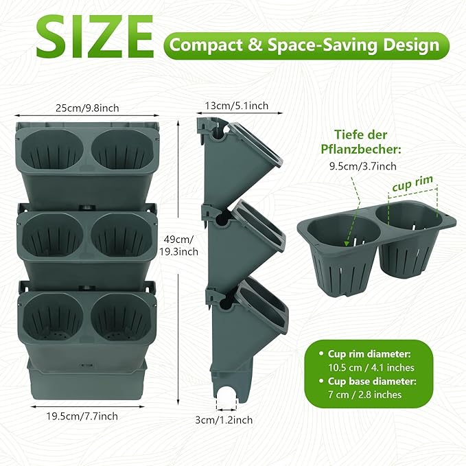 3-Tiers Vertical Wall-Mounted Planter with 6 Pots Vertical Garden Living Wall Planter Indoor Self-Watering Soil-Water Separation Stackable Plastic Planter for Herb Vegetable Flower Succulent (Green)