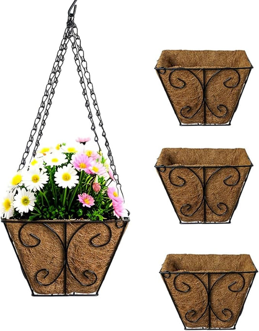 LX7 3-Pack Hanging & Wall-Mounted Plant Baskets with Natural Coconut Fiber Liner, Decorative Planters for Home Garden Patio Yard (3Pack SquareHanger, 8Inch)