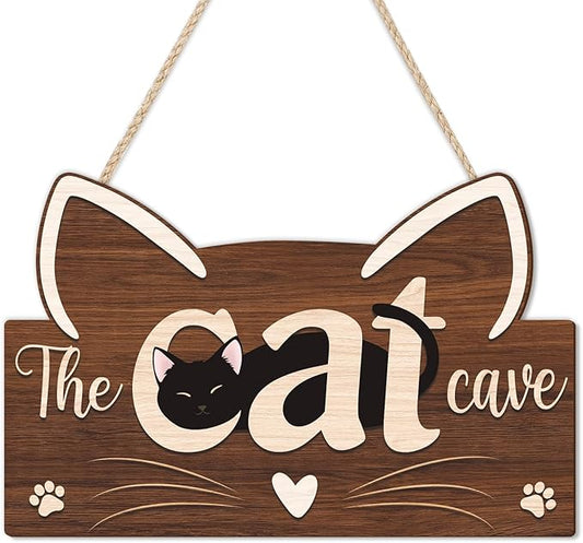 HLNIUC Funny Black Cat Door Sign(11”x7”),Cute Pat Welcome Wall Decor,The Cat Cave Hanging Decoration for Front Door,Housewarming Gift Wall Sign for Pat Lovers,Cats Welcome People Tolerated Plaque