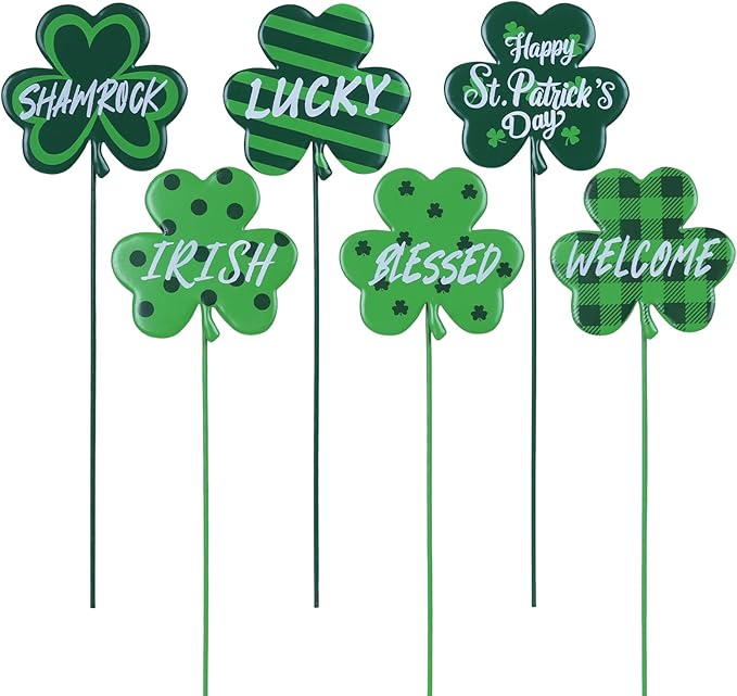 YEAHOME St Patricks Day Decorations Outdoor, Set of 6 Metal Shamrock Decorative Garden Stakes for St Patricks Day Decor, Lucky Saint Patricks Yard Signs for Garden Lawn Porch Pot Flowerbed