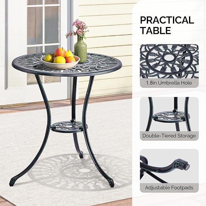 Outvita Patio Table and Chairs Set, Cast Aluminum Outdoor Cafe Table and Chairs Set of 3, Stability Patio Bistro Sets with Umbrella Hole for Garden, Patio, Balcony, Tulip Pattern Verdigris