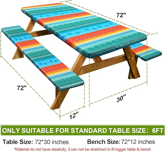 Picnic Table Cover with Bench Covers 6FT 3 Pcs Waterproof Windproof Aesthetic Camping Tablecloth with Drawstring Bag, Fitted for 6 Foot Rectangle Tables and Seats, 72 inch, Teal Orange