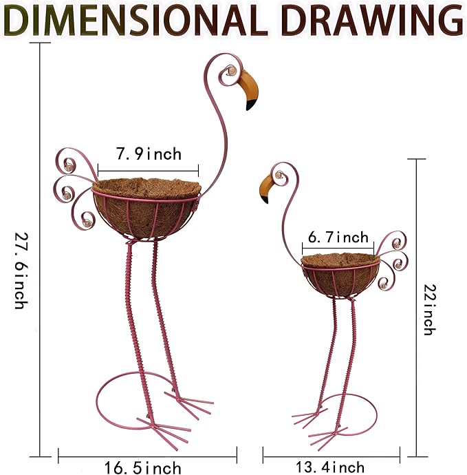 Pink Flamingo Planters,Metal Flamingo Plant Pots Decorations with Fiber Basket,Outdoor Indoor Standing Bird Planters Lawn Garden Décor Art for Lawn,Yard,Patio,Balcony Ornament（Set of 2）