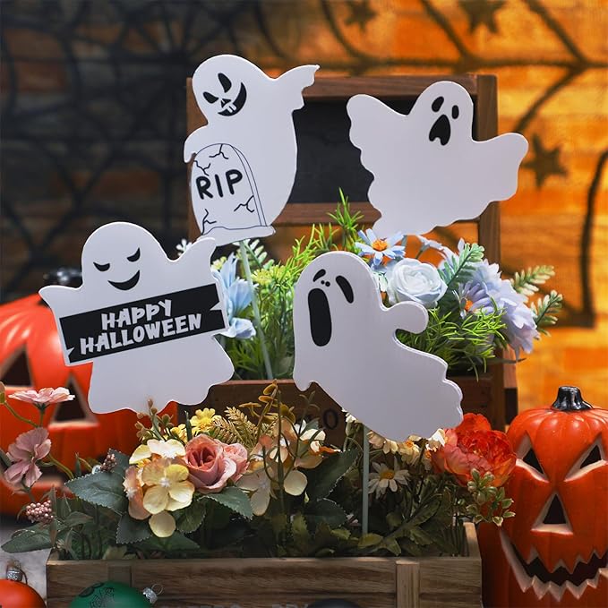 12 Pcs Halloween Ghost Garden Stakes Spooky Planter Stakes Double Sided Yard Signs Waterproof Cute Outdoor Decorations for Home Potted Planter Lawn Garden Yard Party Favor(Halloween Ghost)