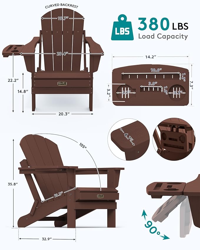 SERWALL Folding Adirondack Chair Set of 4, Outdoor Adirondack Chairs with 4 in 1 Cup Holder, Wood Texture Patio Chairs, Weather Resistant Fire Pit Chairs for Patio Deck Garden, Backyard Deck - Coffee