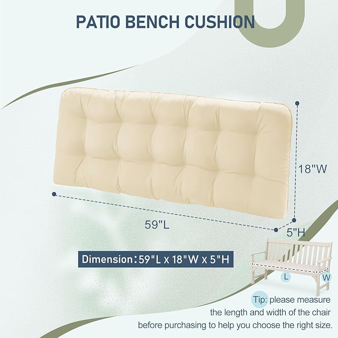 downluxe Outdoor Bench Cushion for Patio Furniture, Waterproof Tufted Overstuffed Porch Swing Cushions, Thick Outdoor Loveseat Cushions, 59" x 18" x 5", Beige, Set of 1
