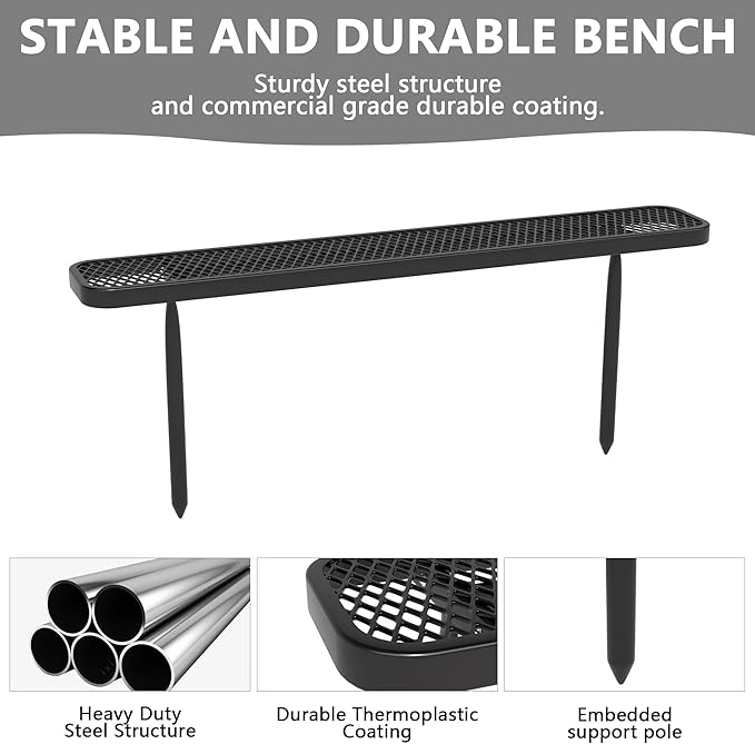 6 FT Heavy Duty Metal Park Bench for Outside, Outdoor Backless Bench with Thermoplastic Coating, Commercial Benches for Shopping Mall, Store, Park, Deck, Inground Mounted, Black
