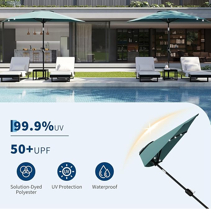 Garvee Patio Umbrella 9FT - Half Umbrella Outdoor with Solar LED Lights and Smooth Crank Lift, Outdoor Shade Canopy for Patio, Backyard, Garden, Deck, Balcony -Turquoise