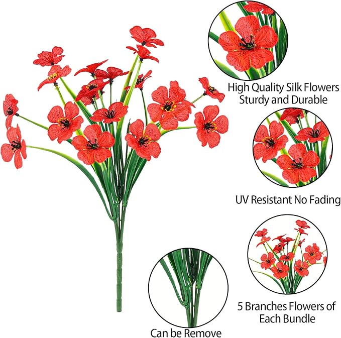 MACTING Artificial Flowers for Outdoors Fake Spring Flowers UV Resistant No Fade Faux Plastic Plants for Hanging Planters Window Patio Porch Yard Garden Home Indoor Outside Summer Decorations(Red)