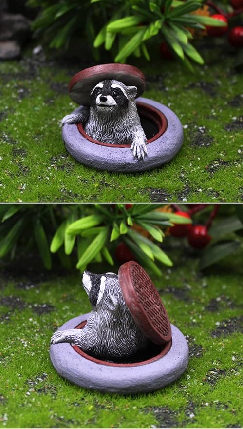 Miniature Raccoon Garden Statue, Manhole Cover Design, Outdoor Fairy Garden Decor, Cute Plant Pot Decorations,Tiny Raccoon Fairy Garden Accessories Garden Ornament