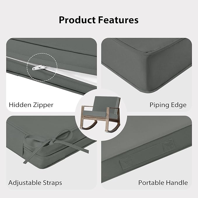 Waterproof Outdoor Chair Cushions 22x22, Memory Foam Outdoor Cushions for Patio Furniture with Removable Cover, Deep Seat Cushions for Outdoor Furniture with Ties and Handle, Dark Grey