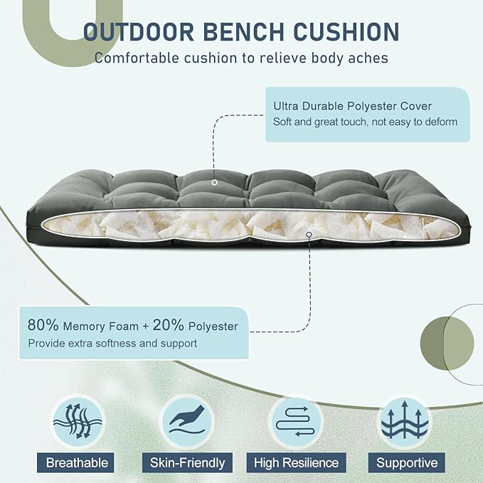 downluxe Outdoor Bench Cushion for Patio Furniture, Waterproof Tufted Overstuffed Porch Swing Cushions, Thick Outdoor Loveseat Cushions, 44" X 19" X 5", Dark Grey, Set of 1