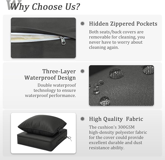 Outdoor Patio Chair Cushions Set 22 L X 24 W X 4 H Waterproof & Fade Resistant Deep Seat and Back Cushions with Removable Covers Outdoor Seat Cushion Set for Chairs and Sofas