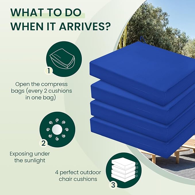 HARBOREST Outdoor Chair Cushions Set of 4, Water Resistant Patio Chair Cushions with Ties, Square Corner Outdoor Seat Cushions for Patio Furniture, 18.5"x16"x3", Royal Blue