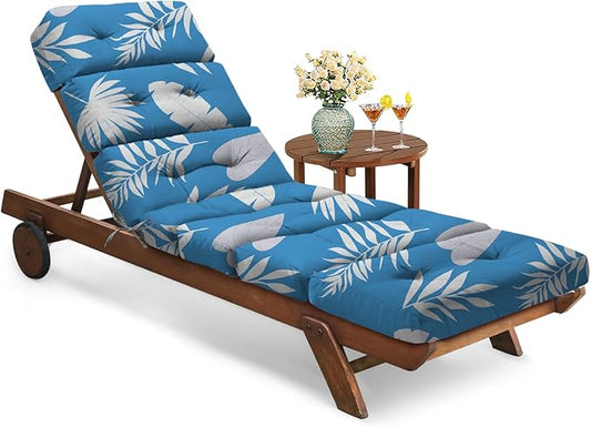 All Weather Chaise Lounge Cushions Outdoor Lounge Chair Cushion, Memory Foam Chaise Lounger Chair Cushion Waterproof for Outdoor Patio Furniture with Non-Slip Back and Ties, Blue Leaf