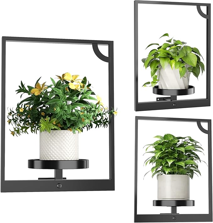 Wall Plant Holder, Hanging Planters for Indoor Plants, Picture Framed Plants Hanger, Window Plant Shelves for Home Office Wall Decor, Outdoor Entryway, Black (3 Pack)