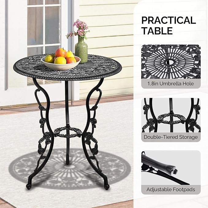 Outvita Patio Table and Chairs Set, Cast Aluminum Outdoor Cafe Table and Chairs Set of 3, Stability Patio Bistro Sets with Umbrella Hole for Garden, Patio, Balcony, Rose Pattern Black
