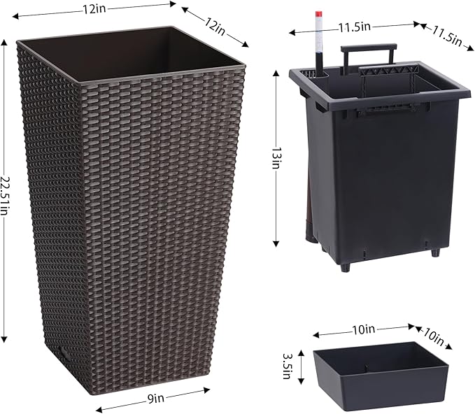 22.5 Inch Tall Planter Set of 2 Large Rattan Flower Pot with 2 Trays & a Water Level Monitor & Wheels Outdoor and Indoor for Patio, Porch, Living Room, or Home Office, Dark Brown