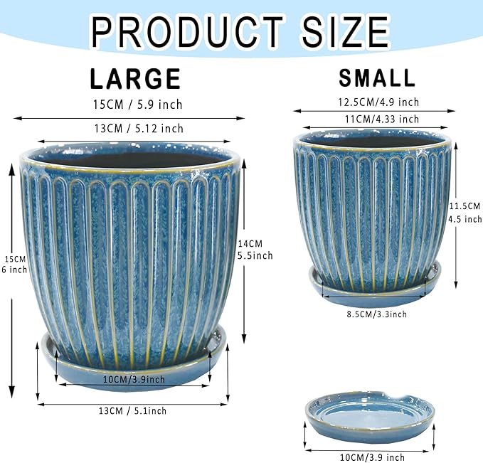 5 + 6 Inch Ceramic Plant Pots with Drain Hole & Saucer, Flower Pots for Indoor/Outdoor Plants - Succulent, Snake Plant, Money Tree, Aloe Vera, Basil Planter, Glaze Blue