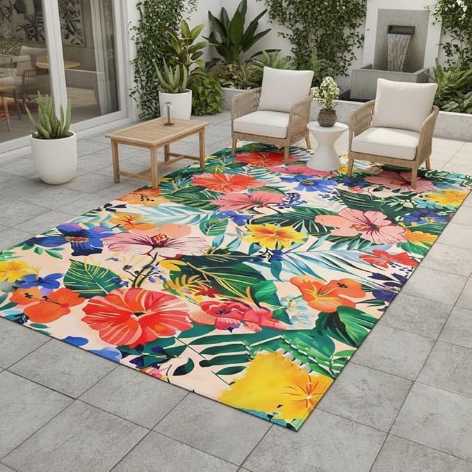 Tropical Boho Plants Flowers Print Outdoor Rug for Deck Patio Balcony Garden Waterproof Pink Blue Green Multi Botanical Floral Outside Carpet Large Thin Washable Foldable Camping Backyard Rugs 7x10