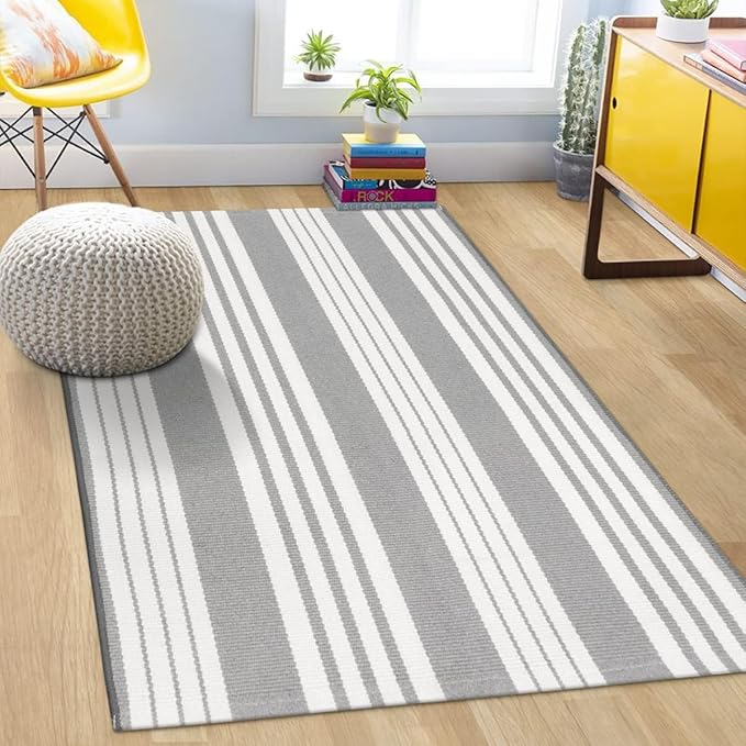 OJIA Entryway Rug 3'x5' Cotton Hand Woven Front Door Mat Outdoor Doormat Machine Washable Outdoor Rugs Grey and White Striped Entry Rug Porch Rugs for Farmhouse/Bedroom/Home Entrance Decor