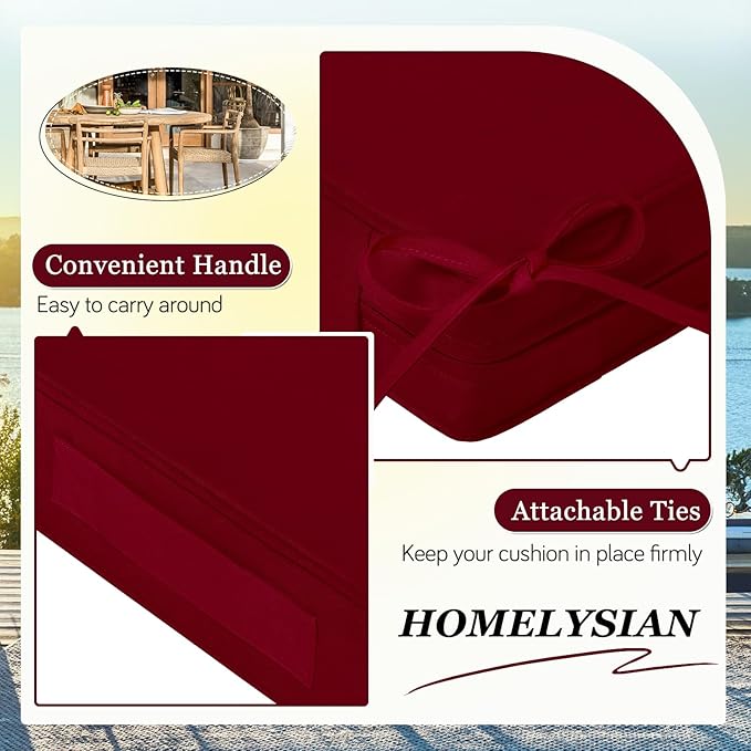 Waterproof Outdoor Chair Cushions Set of 2, Square Outdoor Seat Cushions with Ties and Removable Covers, 19 x 19 Outdoor Cushions for Patio Furniture with Portable Handle(Burgundy)