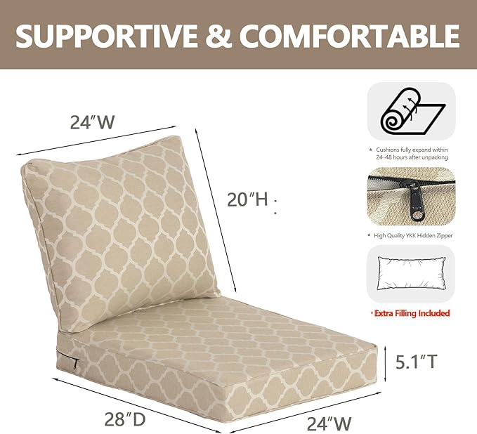 Goodgoods 24 x 28 Outdoor Patio Deep Seat Cushions 2-Pack, 1000+ Hours Fade-Resistant & Water-Resistant Outdoor Furniture Chair Cushions with 30D High-Resilience Foam for Sofa Chair, Toffee Trellis