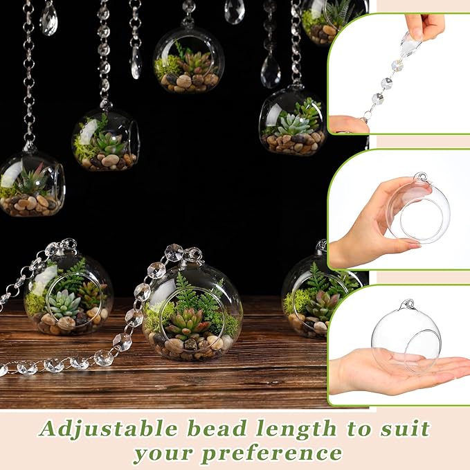 112 Pcs 3.15'' Hanging Glass Tealight Holder Globe with K9 Crystal Garland Strands,Teardrop Pendant Hanging Tealight Candle Holder Orbs Air Plant for Wedding Centerpiece Party Decor (Clear)